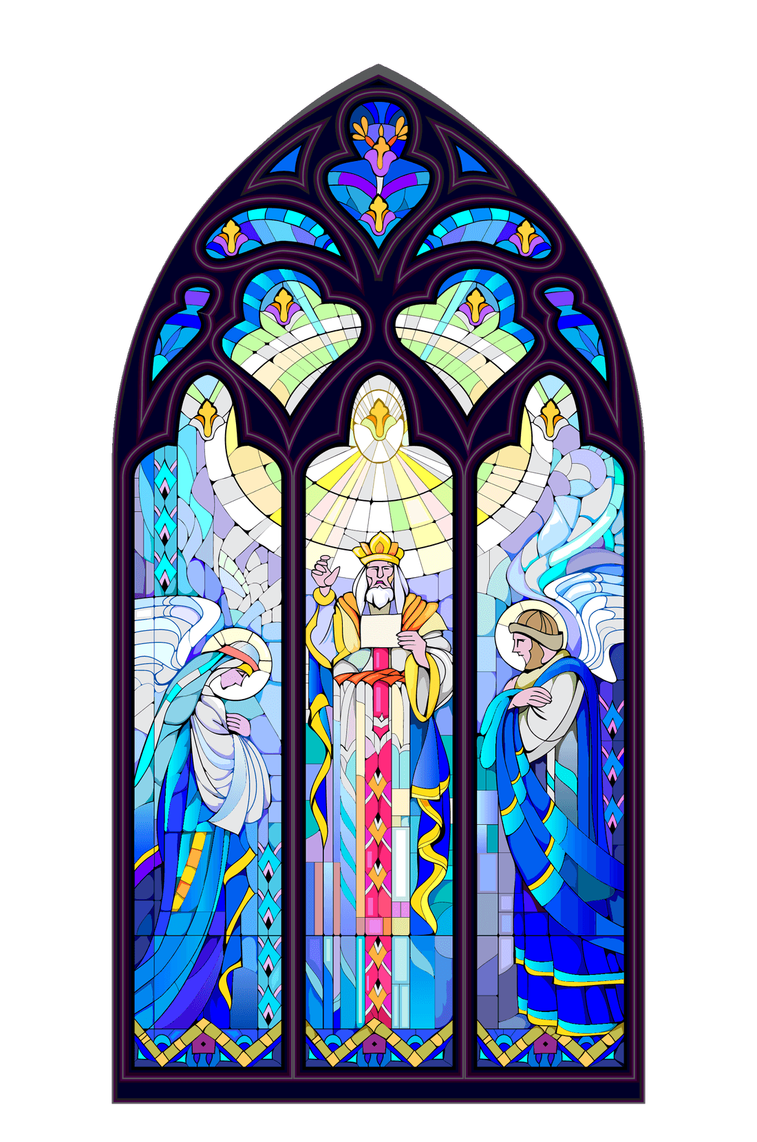 Stained-glass window of a crowned saint blessing, flanked by two angels